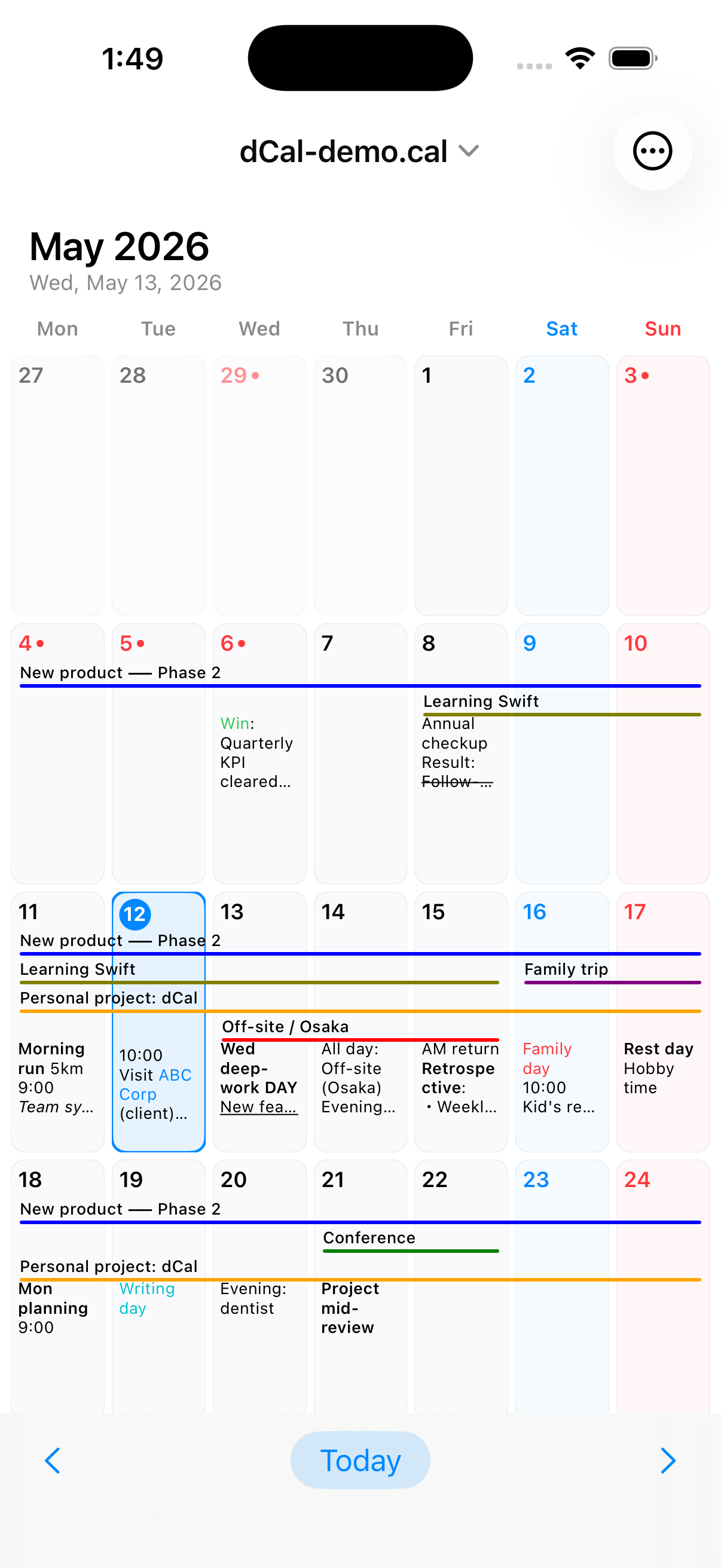 dCal 4-week grid with colored period bars