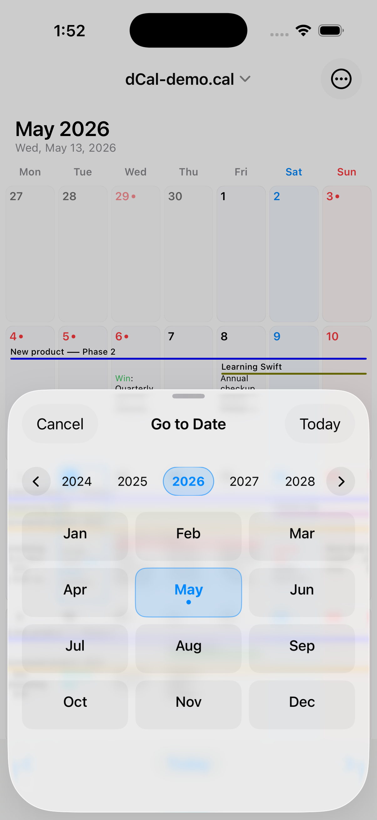 Date jump popover with year scroller and 12-month grid