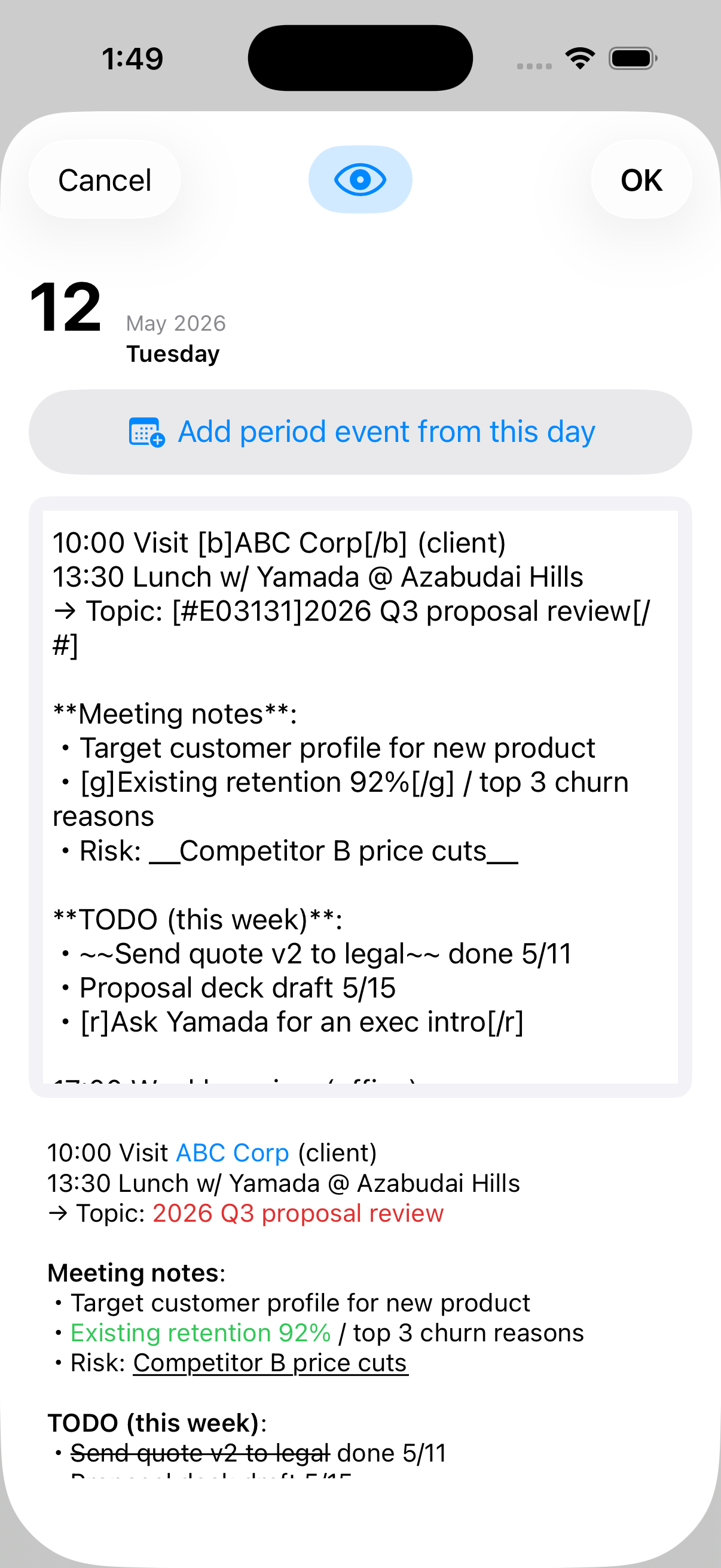 Day editor modal — markup with rendered preview below