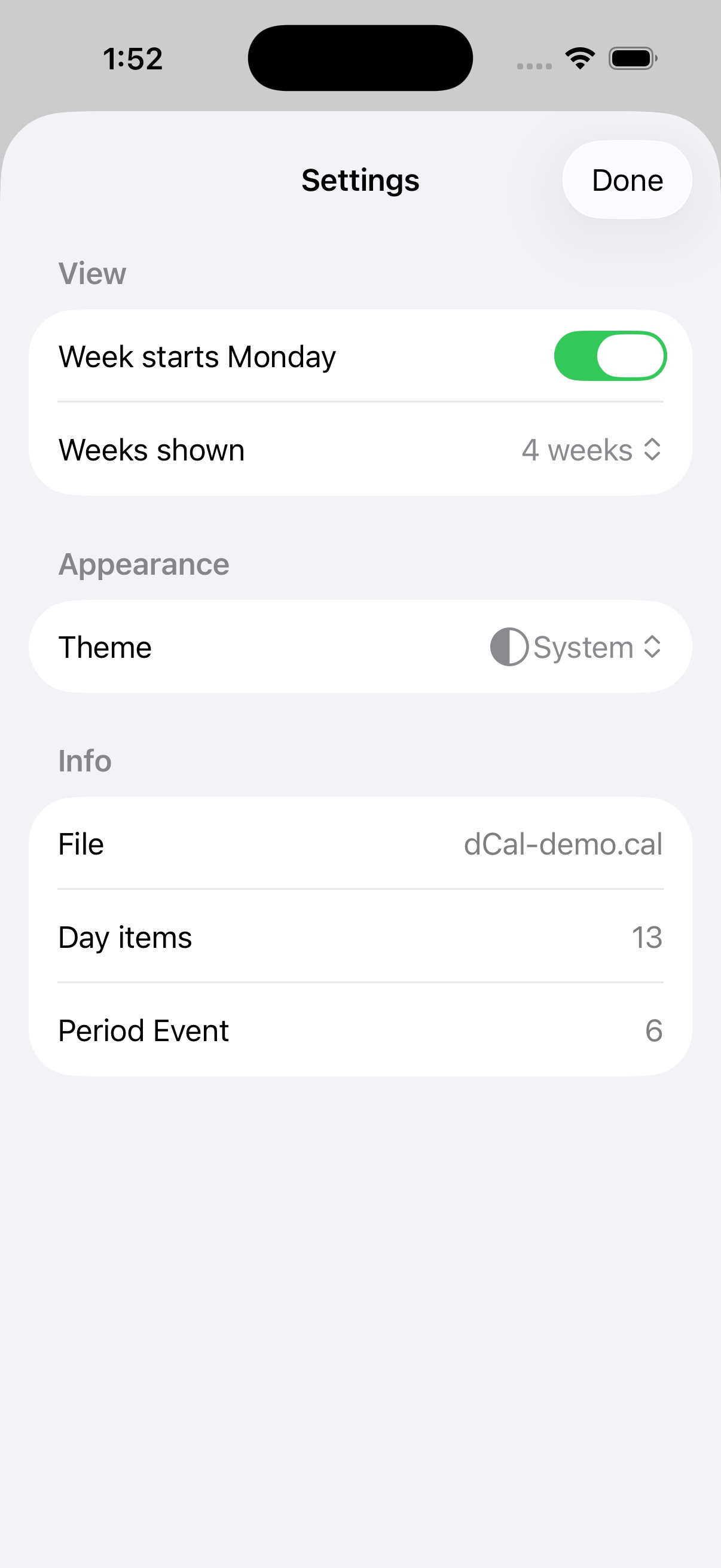 Settings — week start, weeks shown, appearance