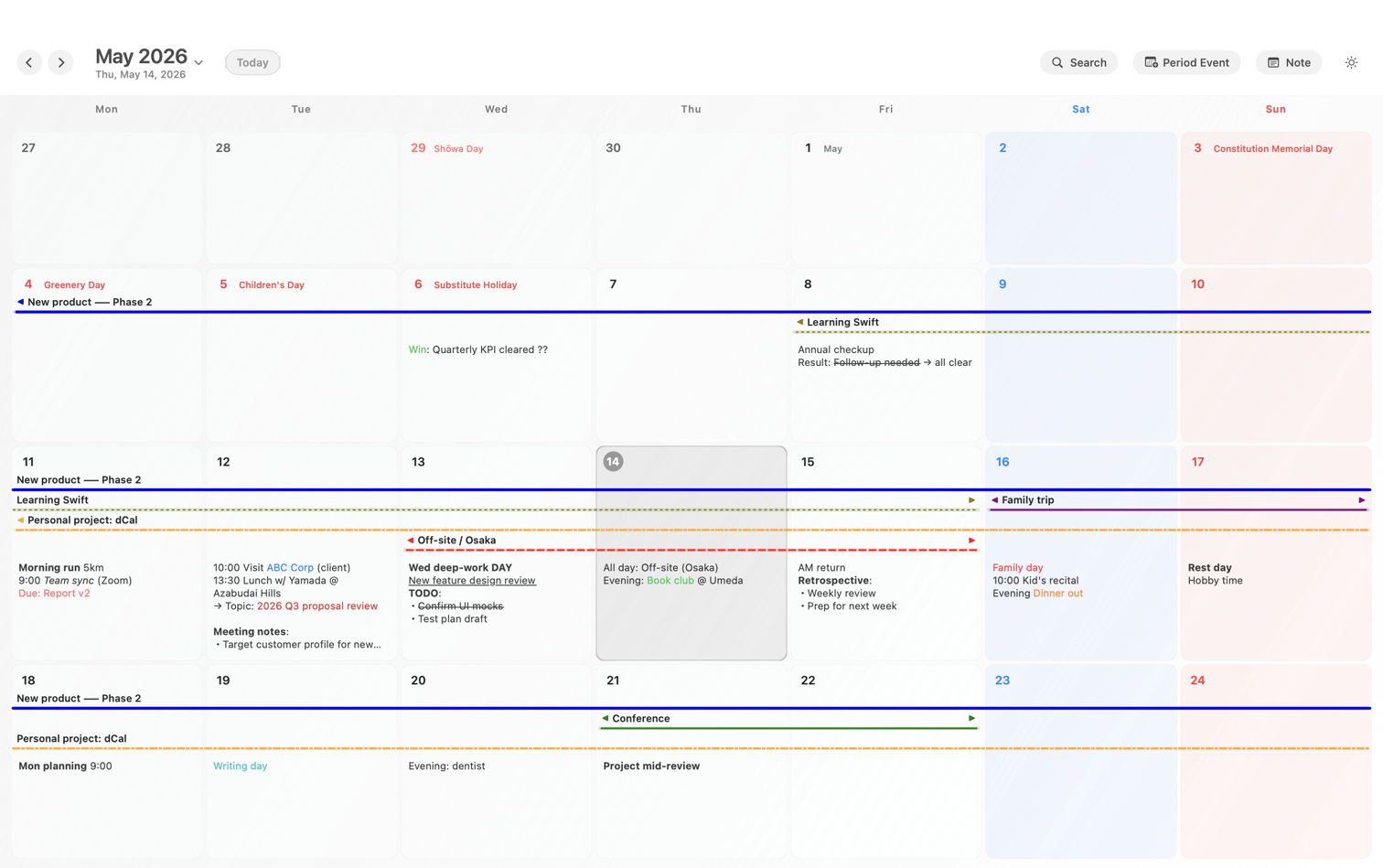dCal Mac 4-week grid with period bars and in-cell day notes