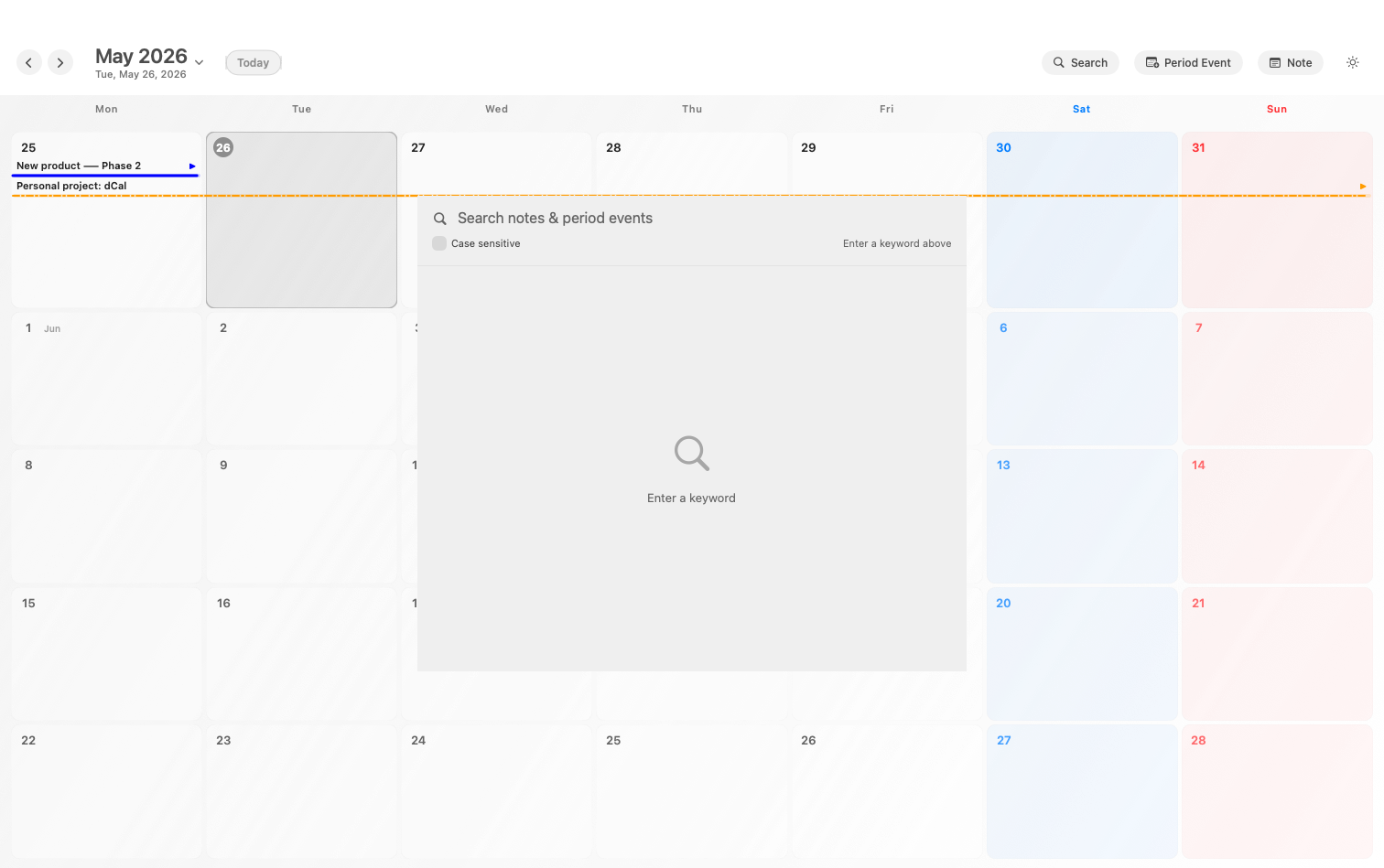 Full-text search across notes and period event titles